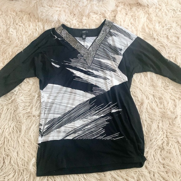 Alfani | Black White Silver Dress Blouse 1X V Neckline Shimmer - Picture 8 of 11